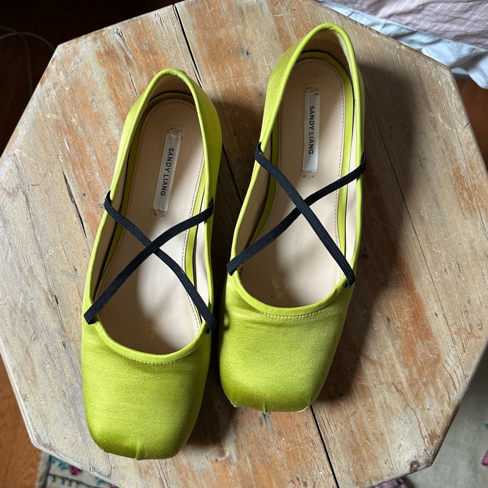 Sandy Liang Chartreuse colored satin square toe cross elastic ballet flats